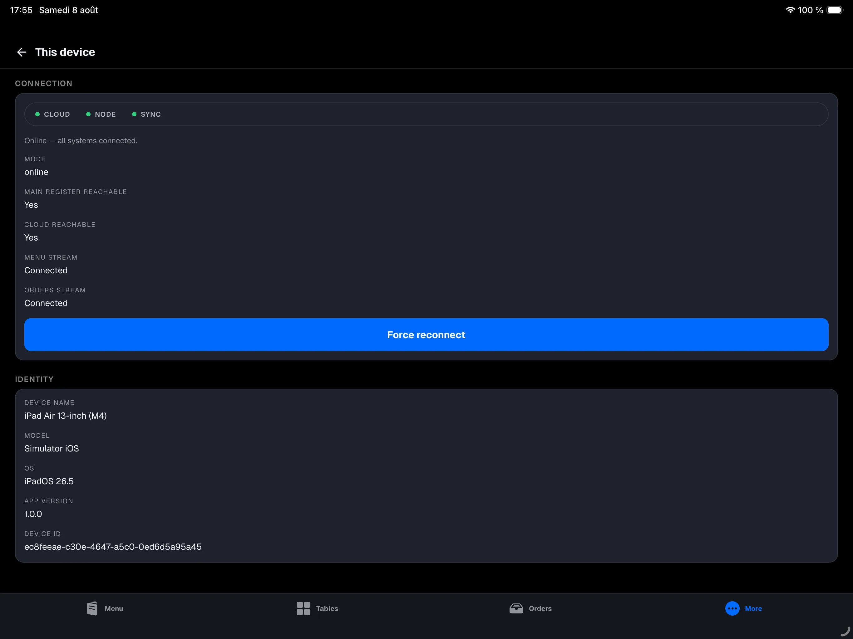 More → This device screen — Connection card (CLOUD/NODE/SYNC indicator, Mode, Primary reachable, Backend reachable, streams) and Identity card