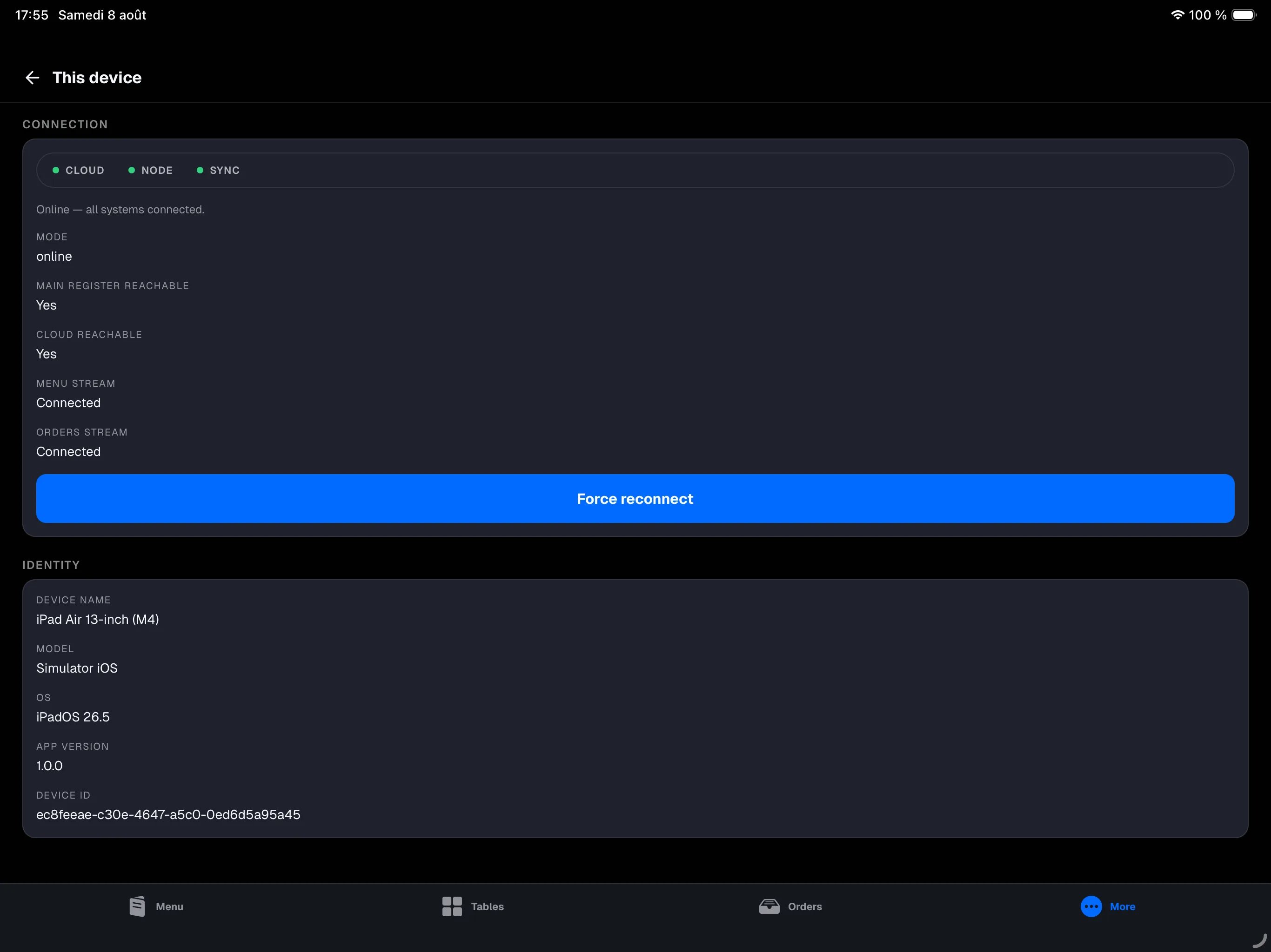 More → This device screen — Connection card (CLOUD/NODE/SYNC indicator, Mode, Primary reachable, Backend reachable, streams) and Identity card