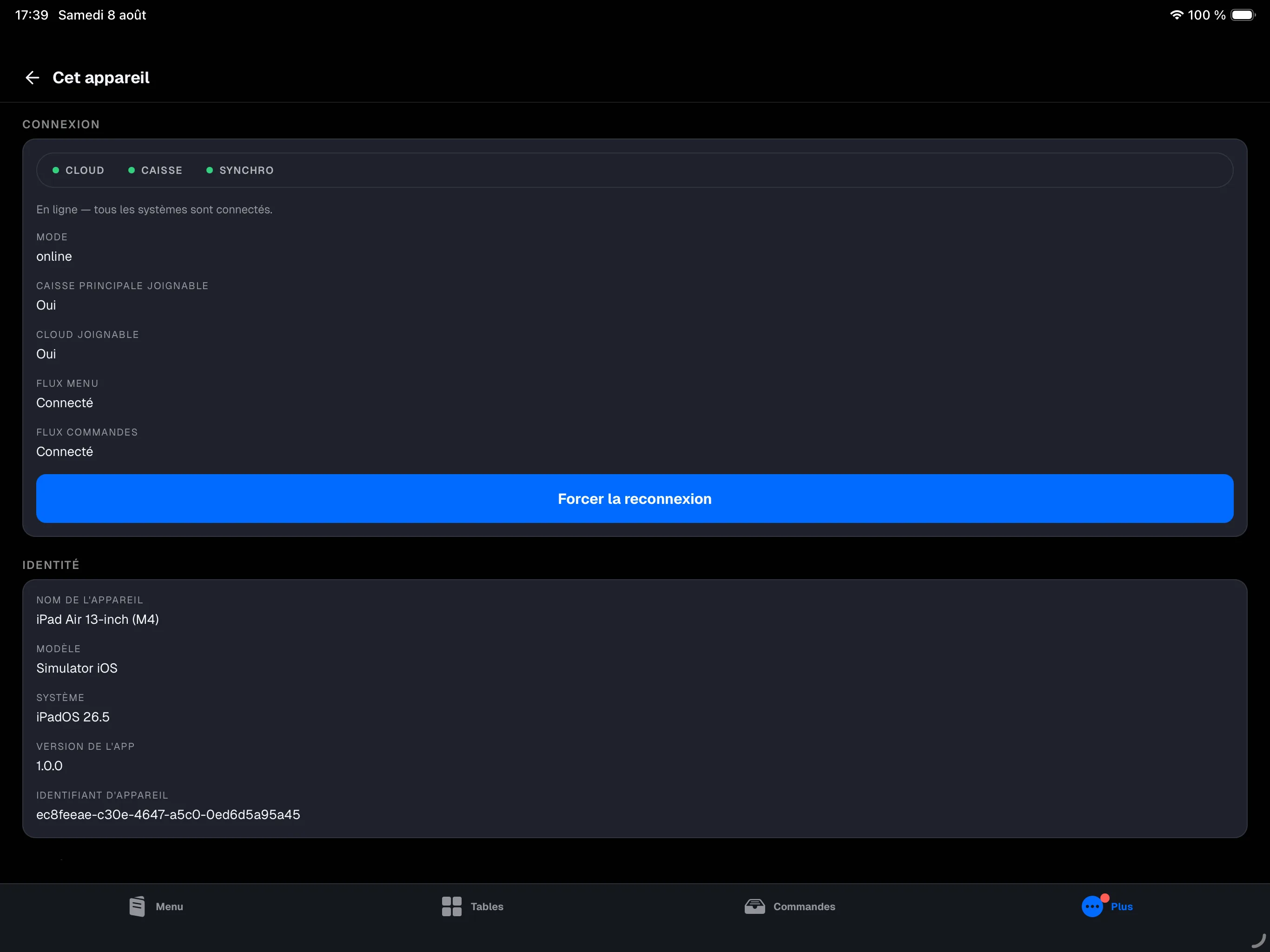 écran More → This device — carte Connection (indicateur CLOUD/NODE/SYNC, Mode, Primary reachable, Backend reachable, flux) et carte Identity
