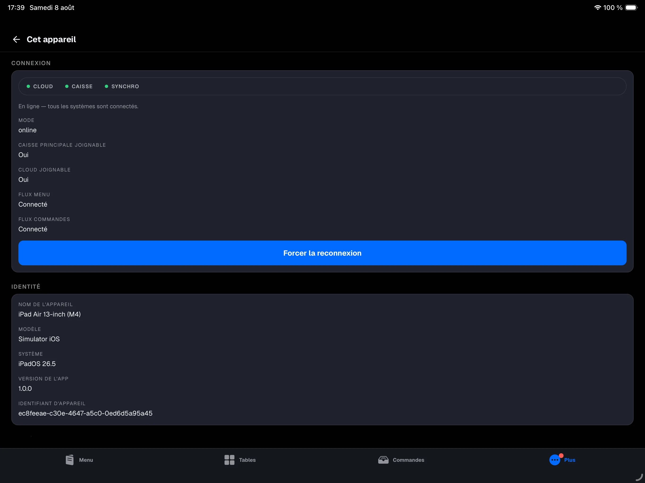 écran More → This device — carte Connection (indicateur CLOUD/NODE/SYNC, Mode, Primary reachable, Backend reachable, flux) et carte Identity