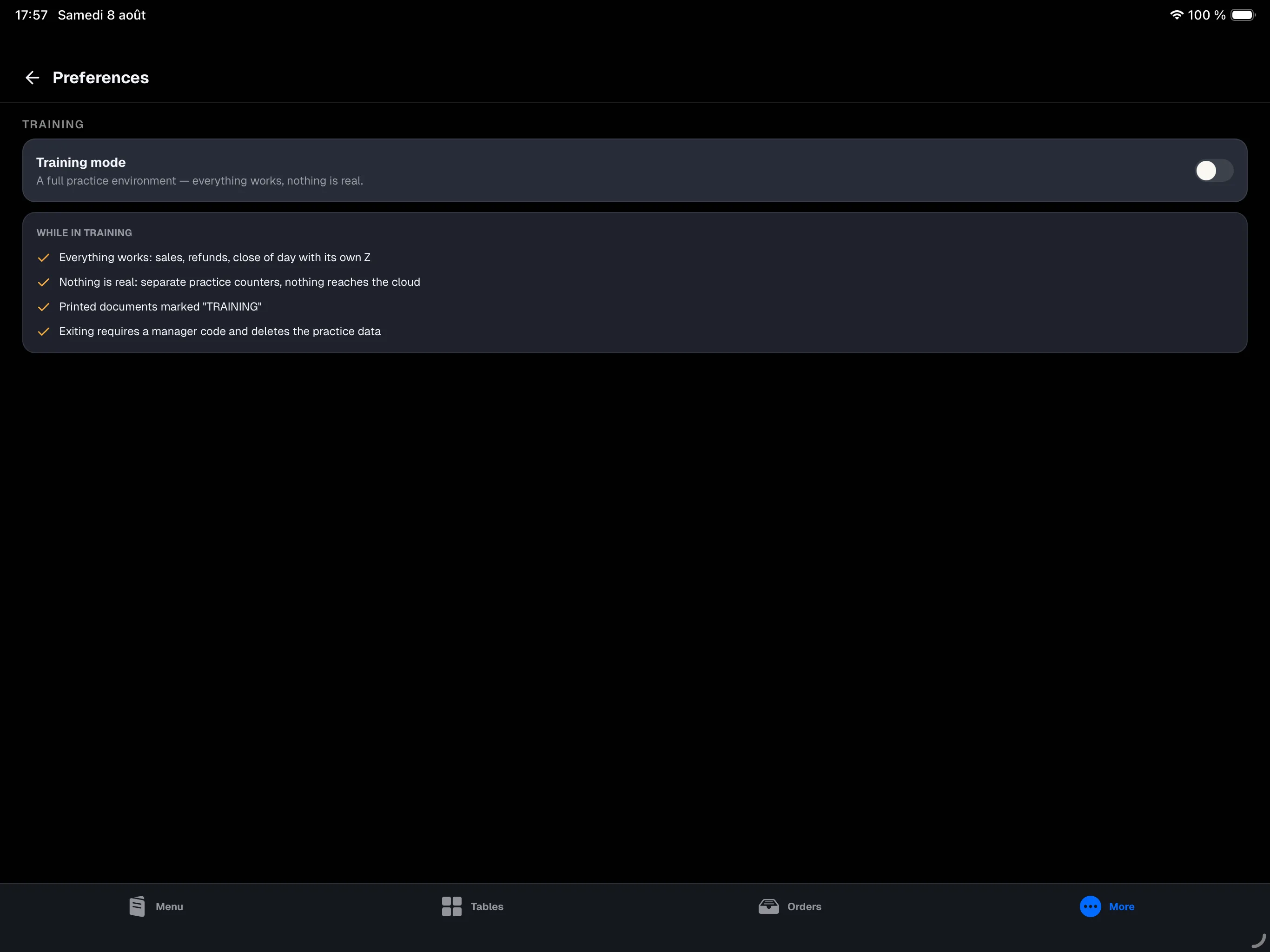 More → Preferences — the 'Training mode' toggle row and the 'While in training' card