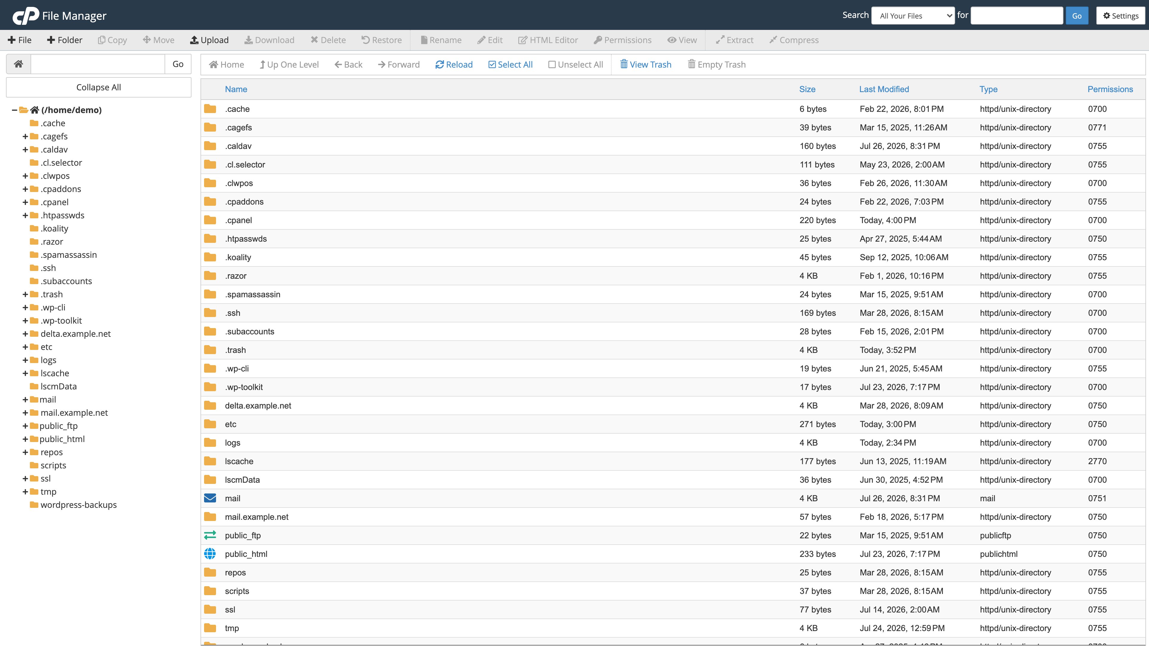 File Manager with the action toolbar across the top, the directory tree on the left, and the home directory listing on the right