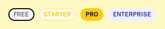 PlanBadge in the free, starter, pro and enterprise tiers, neobrutal theme
