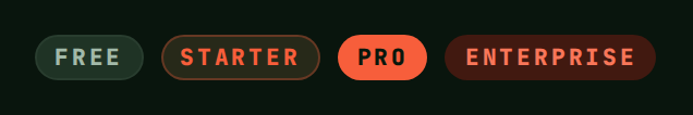 PlanBadge in the free, starter, pro and enterprise tiers, nozleDark theme