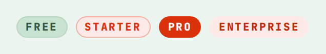 PlanBadge in the free, starter, pro and enterprise tiers, nozle theme