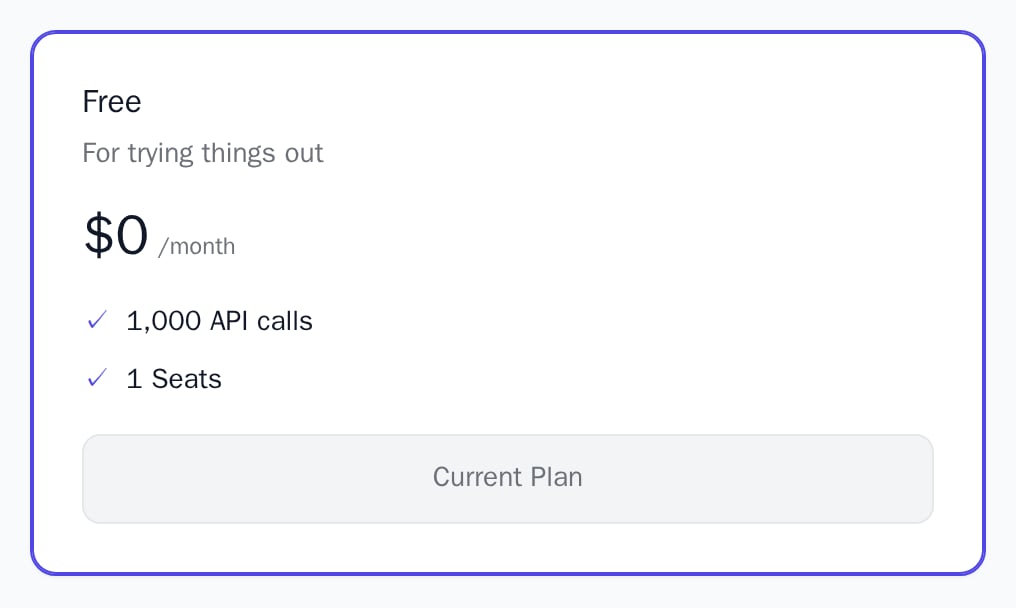 PlanCard for the current Free plan with a disabled Current Plan button, light theme