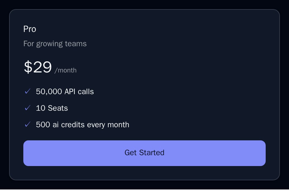 PlanCard for the Pro plan with its price, three lines and a Get Started button, dark theme