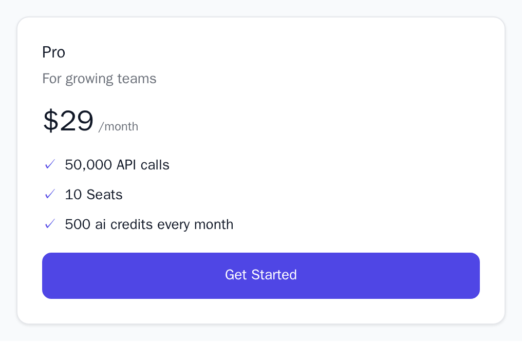 PlanCard for the Pro plan with its price, three lines and a Get Started button, light theme