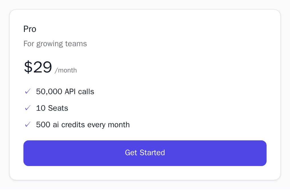 PlanCard for the Pro plan with its price, three lines and a Get Started button, light theme