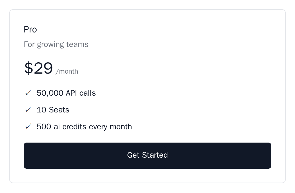 PlanCard for the Pro plan with its price, three lines and a Get Started button, minimal theme