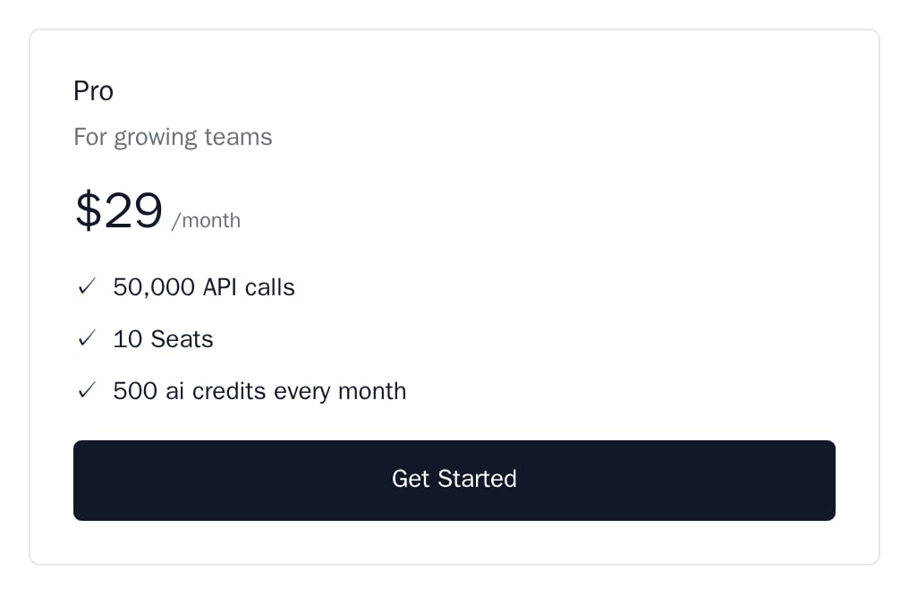 PlanCard for the Pro plan with its price, three lines and a Get Started button, minimal theme