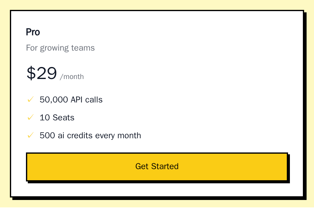 PlanCard for the Pro plan with its price, three lines and a Get Started button, neobrutal theme