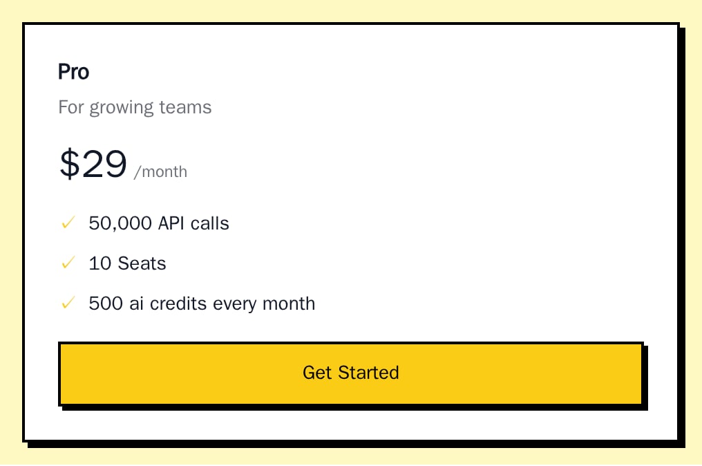 PlanCard for the Pro plan with its price, three lines and a Get Started button, neobrutal theme