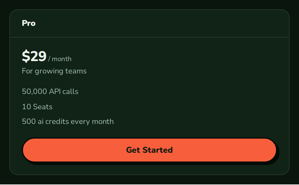 PlanCard for the Pro plan with its price, three lines and a Get Started button, nozleDark theme