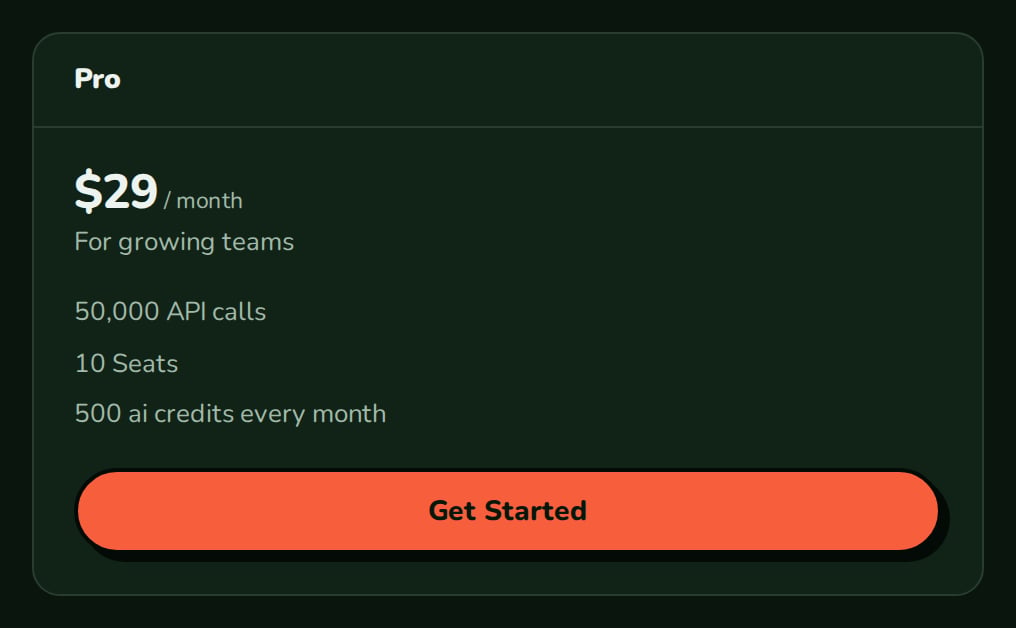 PlanCard for the Pro plan with its price, three lines and a Get Started button, nozleDark theme