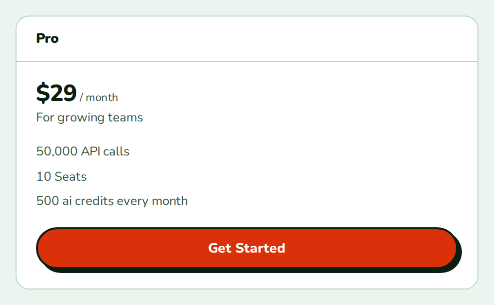 PlanCard for the Pro plan with its price, three lines and a Get Started button, nozle theme