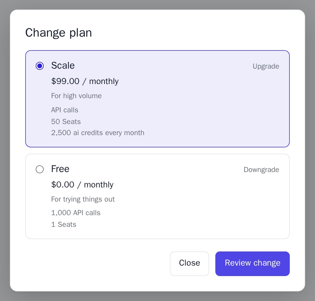 The Change plan dialog with Scale selected as an upgrade and Free as a downgrade, each with its price and lines, light theme