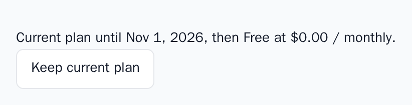 A scheduled downgrade to Free with the Keep current plan button, light theme