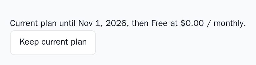 A scheduled downgrade to Free with the Keep current plan button, light theme