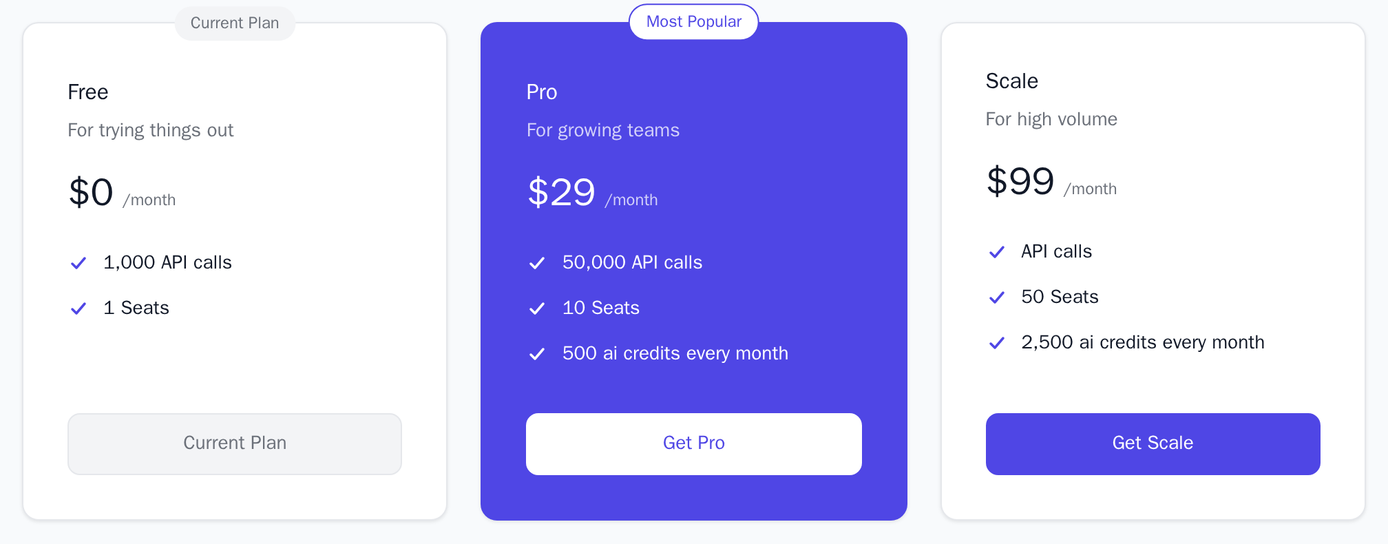 PricingTable with the Pro card filled with the highlight colour, light theme
