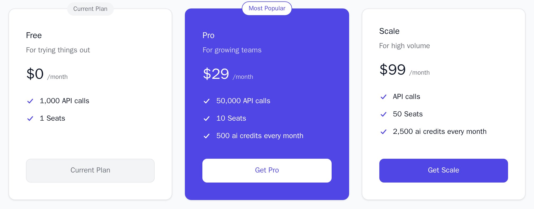 PricingTable with the Pro card filled with the highlight colour, light theme