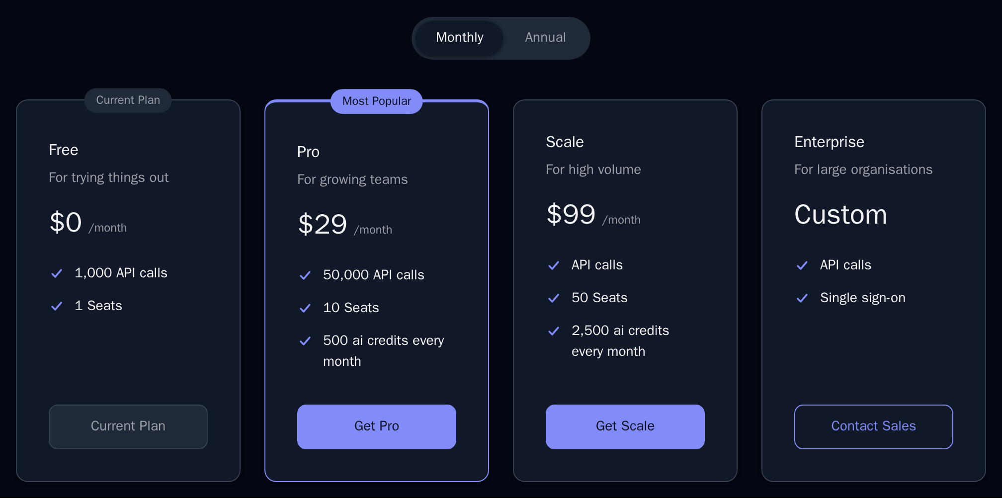 PricingTable with Free, Pro, Scale and Enterprise plans, the Monthly/Annual toggle, Free as the current plan and Pro highlighted, dark theme