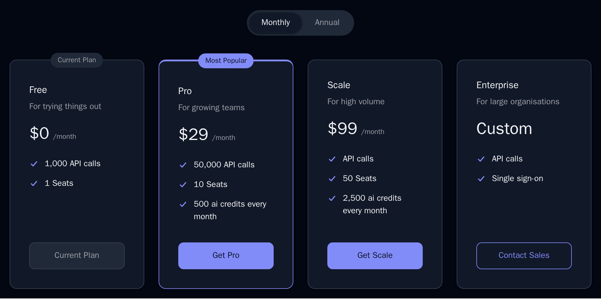 PricingTable with Free, Pro, Scale and Enterprise plans, the Monthly/Annual toggle, Free as the current plan and Pro highlighted, dark theme