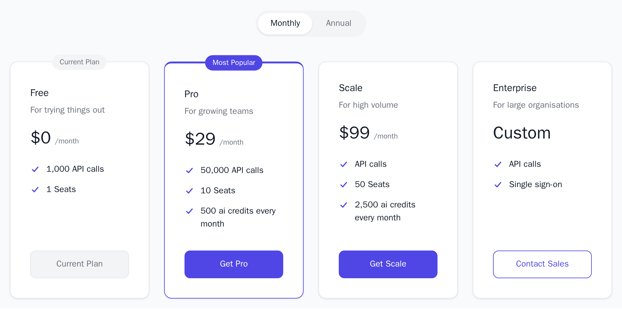 PricingTable with Free, Pro, Scale and Enterprise plans, the Monthly/Annual toggle, Free as the current plan and Pro highlighted, light theme