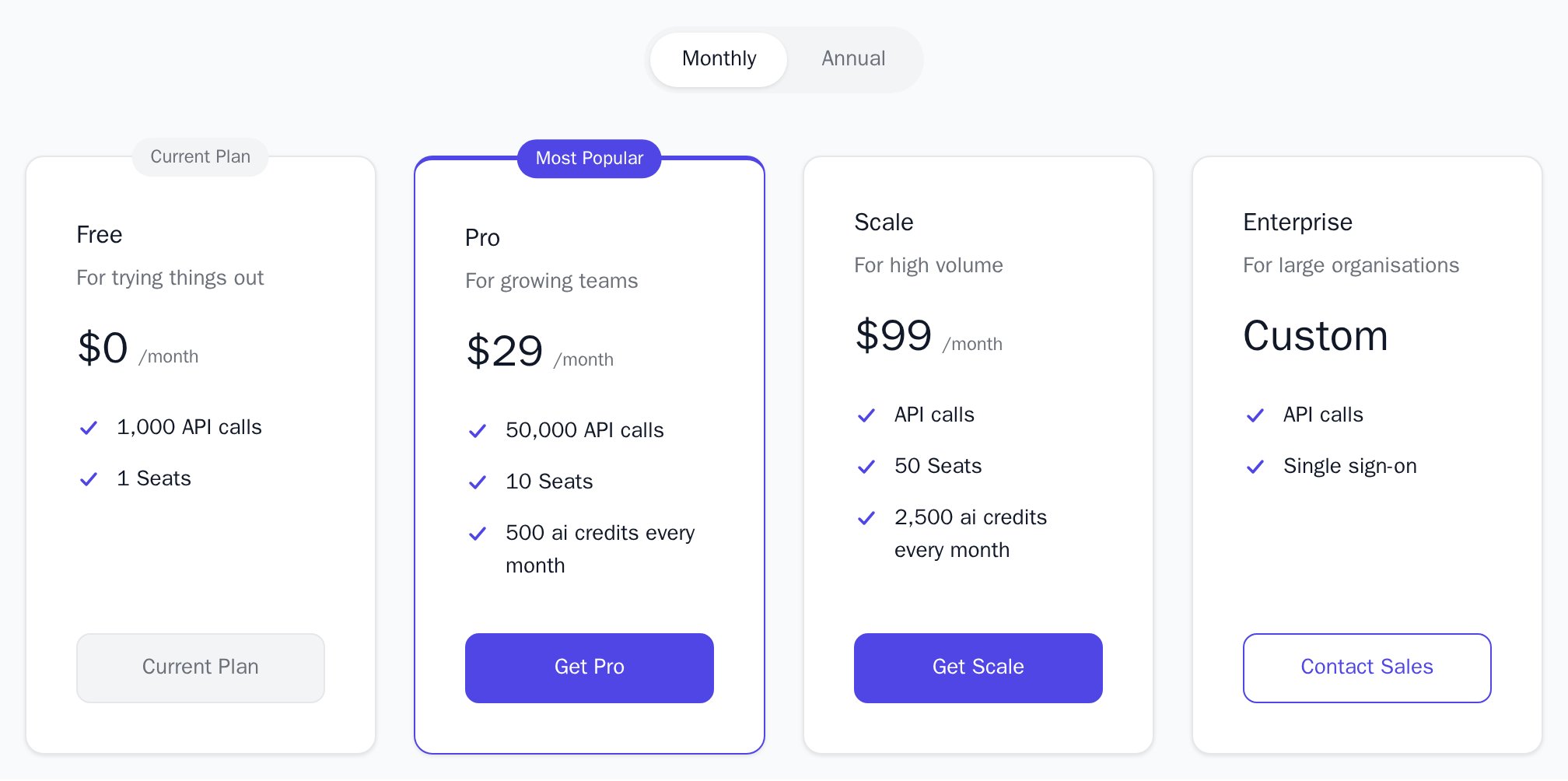 PricingTable with Free, Pro, Scale and Enterprise plans, the Monthly/Annual toggle, Free as the current plan and Pro highlighted, light theme