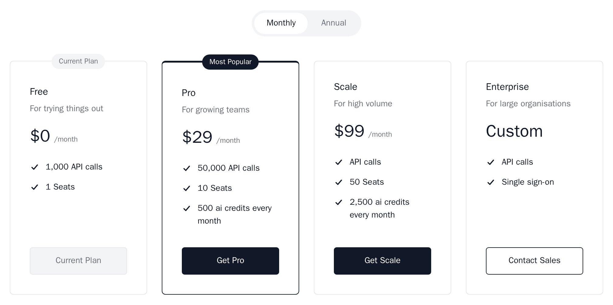 PricingTable with Free, Pro, Scale and Enterprise plans, the Monthly/Annual toggle, Free as the current plan and Pro highlighted, minimal theme