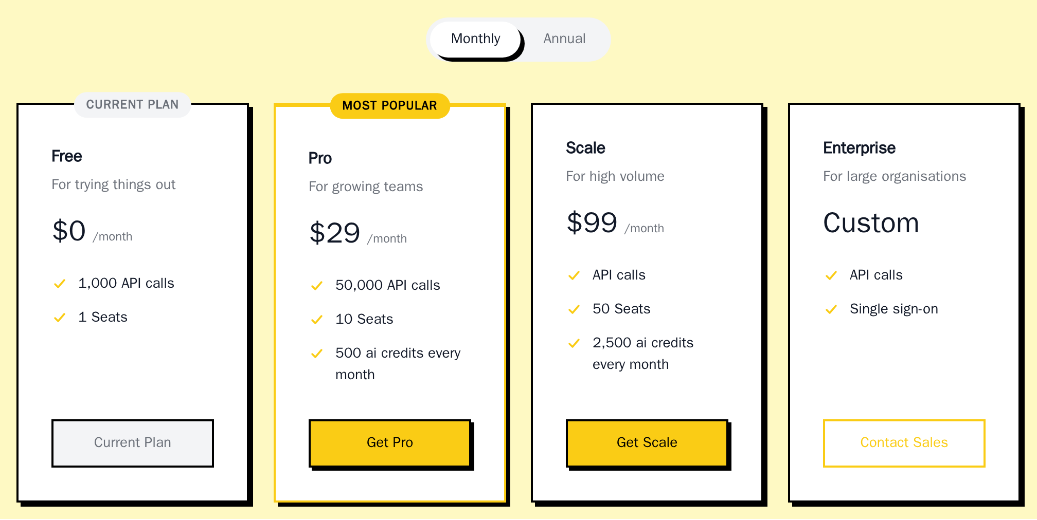 PricingTable with Free, Pro, Scale and Enterprise plans, the Monthly/Annual toggle, Free as the current plan and Pro highlighted, neobrutal theme