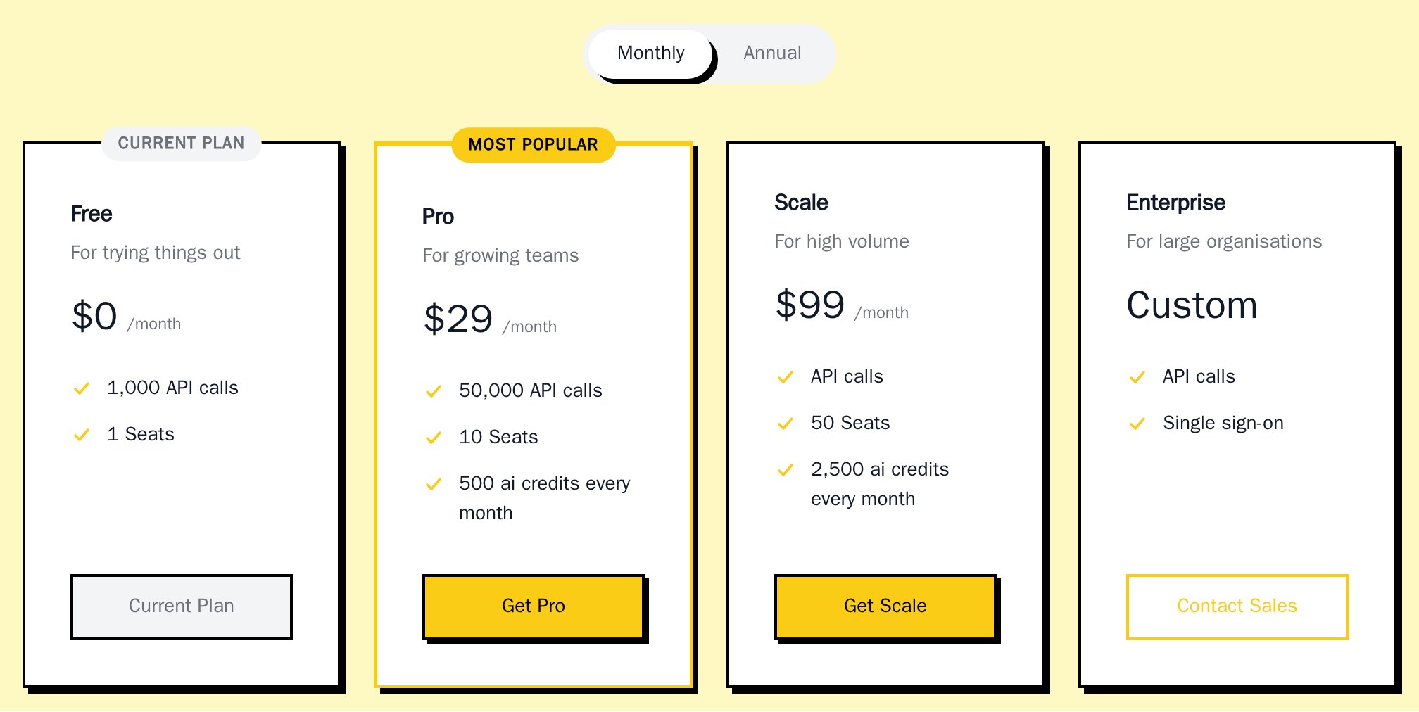 PricingTable with Free, Pro, Scale and Enterprise plans, the Monthly/Annual toggle, Free as the current plan and Pro highlighted, neobrutal theme