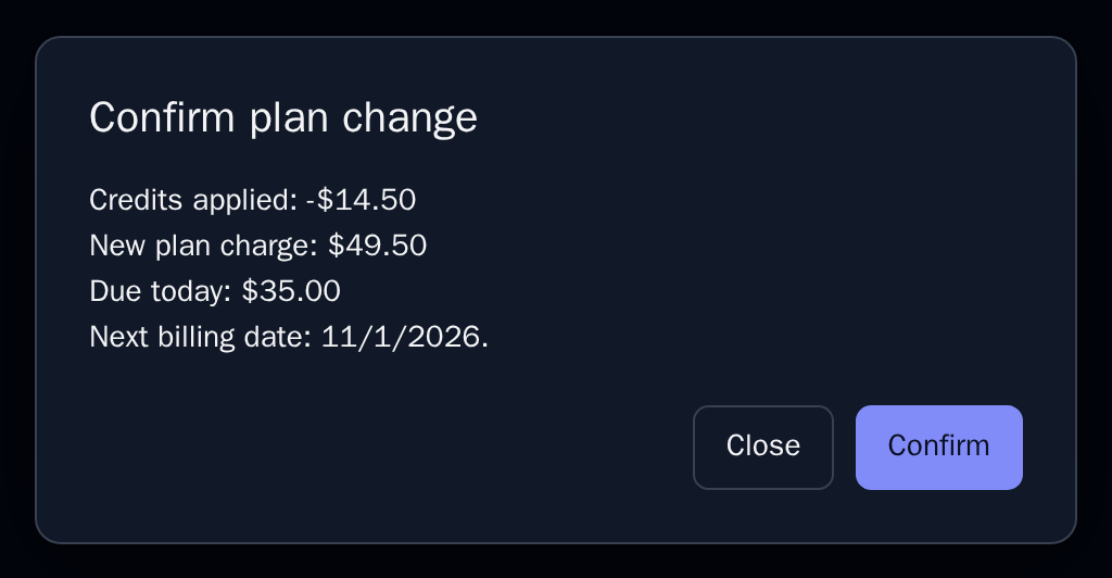 UpgradeModal with credits applied, new plan charge, amount due today and next billing date, dark theme