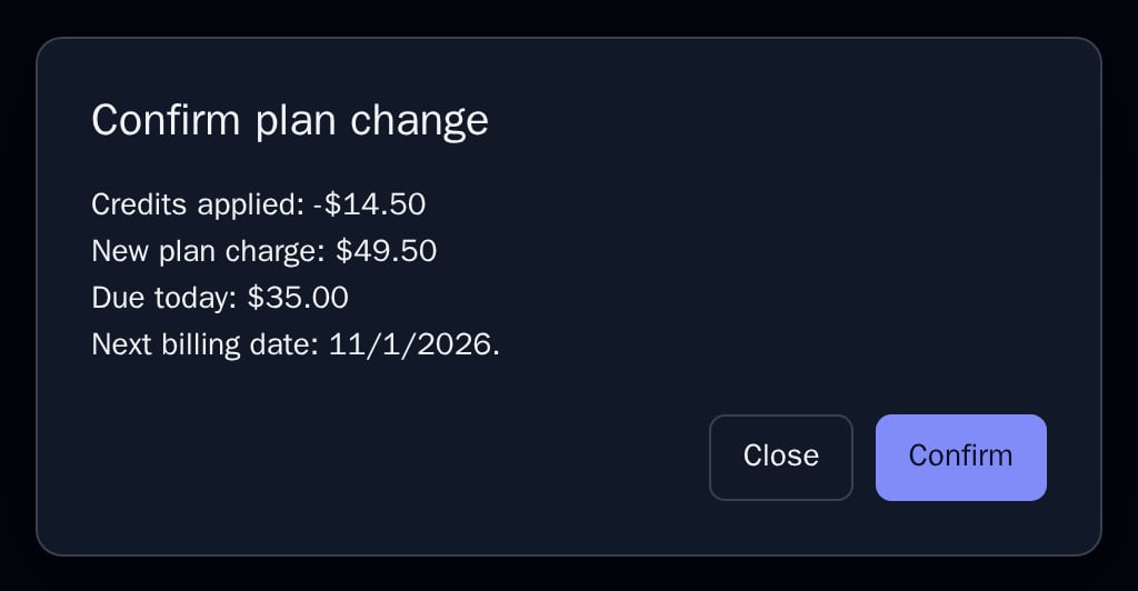 UpgradeModal with credits applied, new plan charge, amount due today and next billing date, dark theme