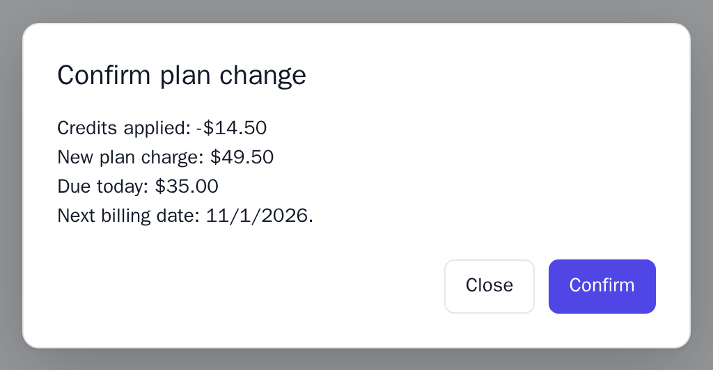 The confirmation dialog with credits applied, new plan charge, amount due today and next billing date, light theme