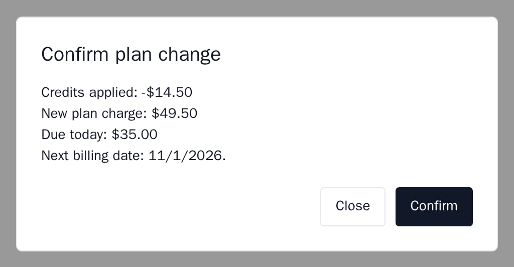 UpgradeModal with credits applied, new plan charge, amount due today and next billing date, minimal theme