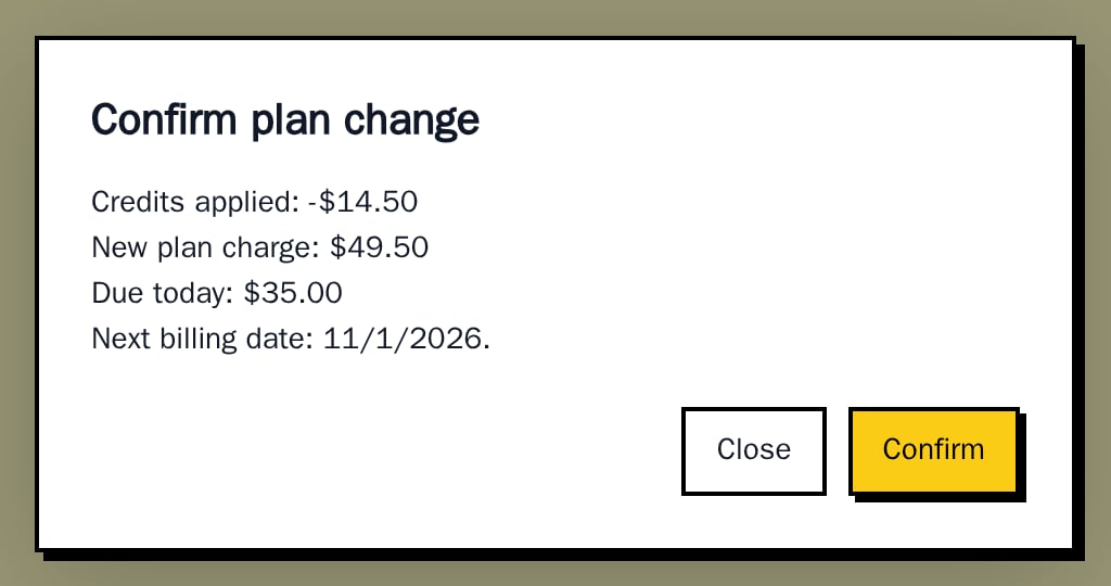 UpgradeModal with credits applied, new plan charge, amount due today and next billing date, neobrutal theme