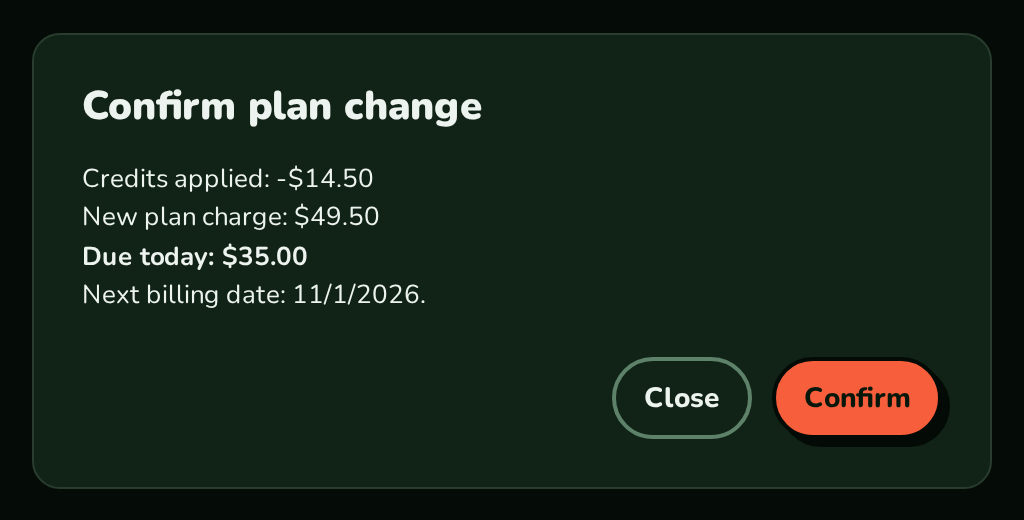 UpgradeModal with credits applied, new plan charge, amount due today and next billing date, nozleDark theme