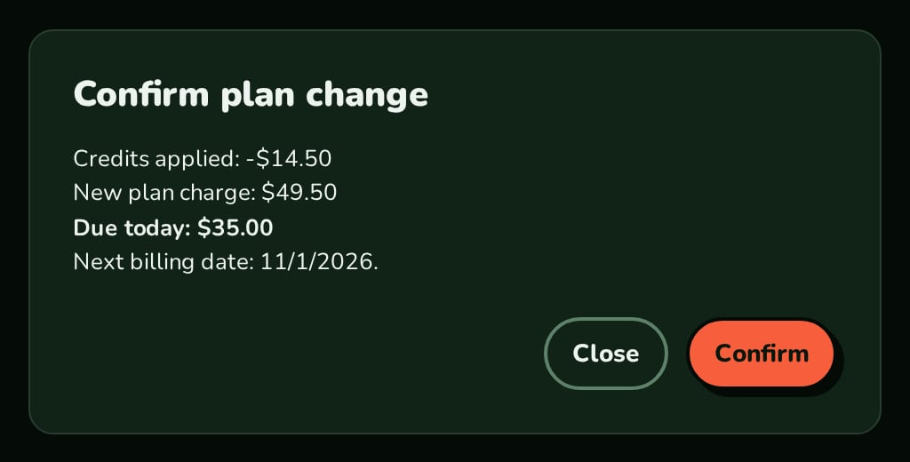 UpgradeModal with credits applied, new plan charge, amount due today and next billing date, nozleDark theme