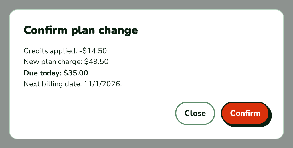UpgradeModal with credits applied, new plan charge, amount due today and next billing date, nozle theme