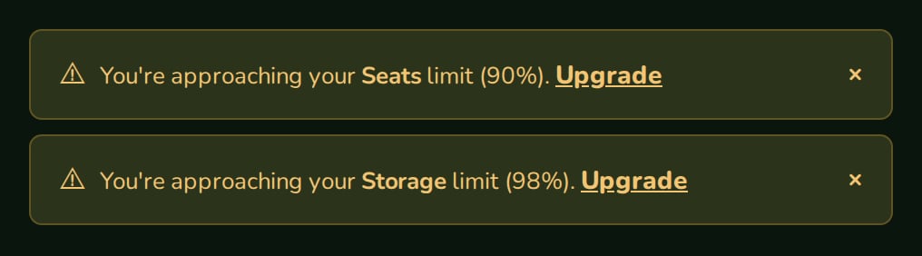Two UsageAlert warnings for seats at 90% and storage at 98%, nozleDark theme
