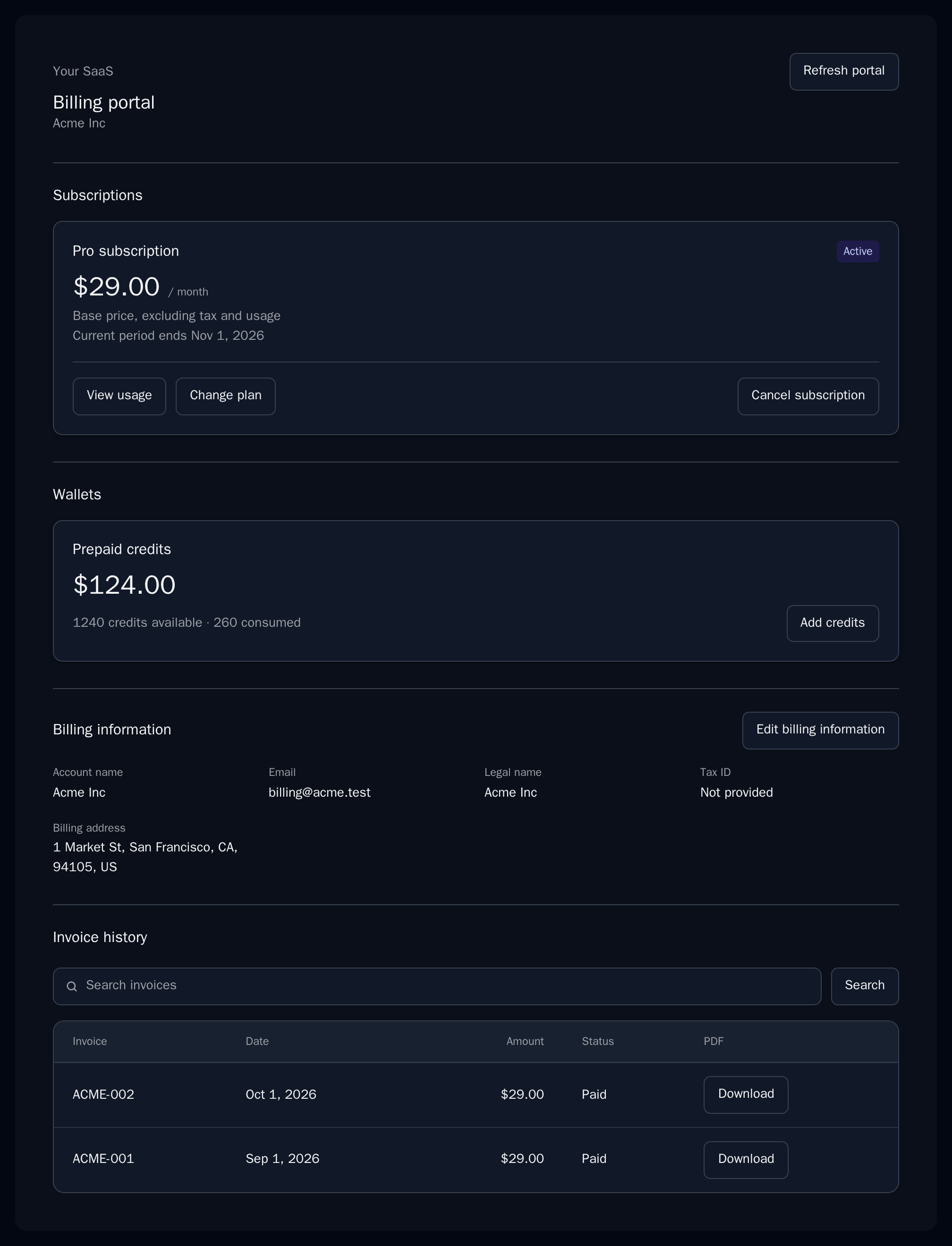 BillingPortal with a Pro subscription, a prepaid credits wallet, billing information and two paid invoices, dark theme