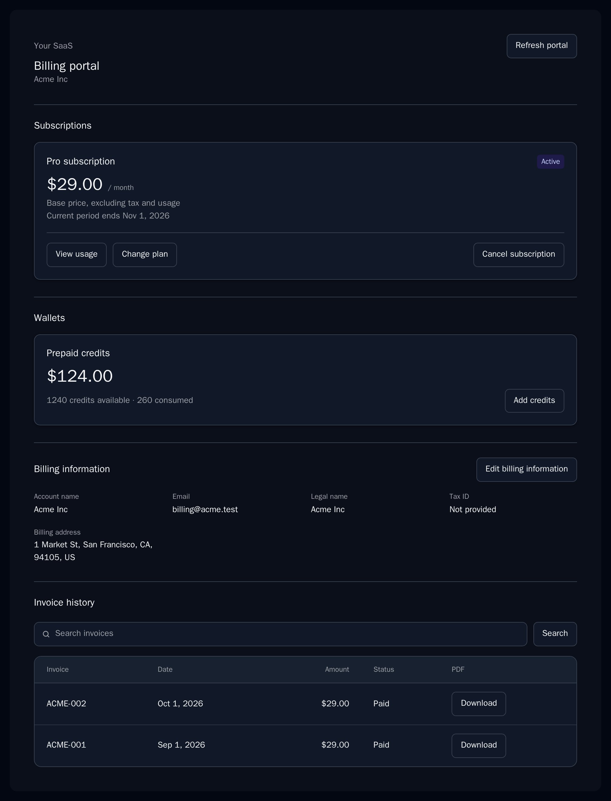 BillingPortal with a Pro subscription, a prepaid credits wallet, billing information and two paid invoices, dark theme