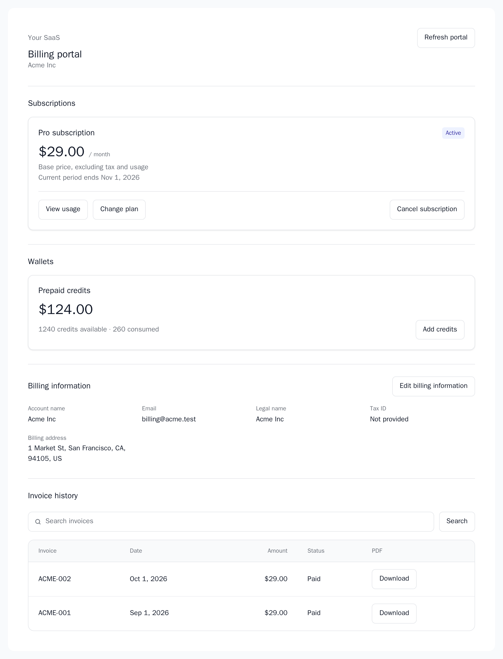 BillingPortal with a Pro subscription, a prepaid credits wallet, billing information and two paid invoices, light theme
