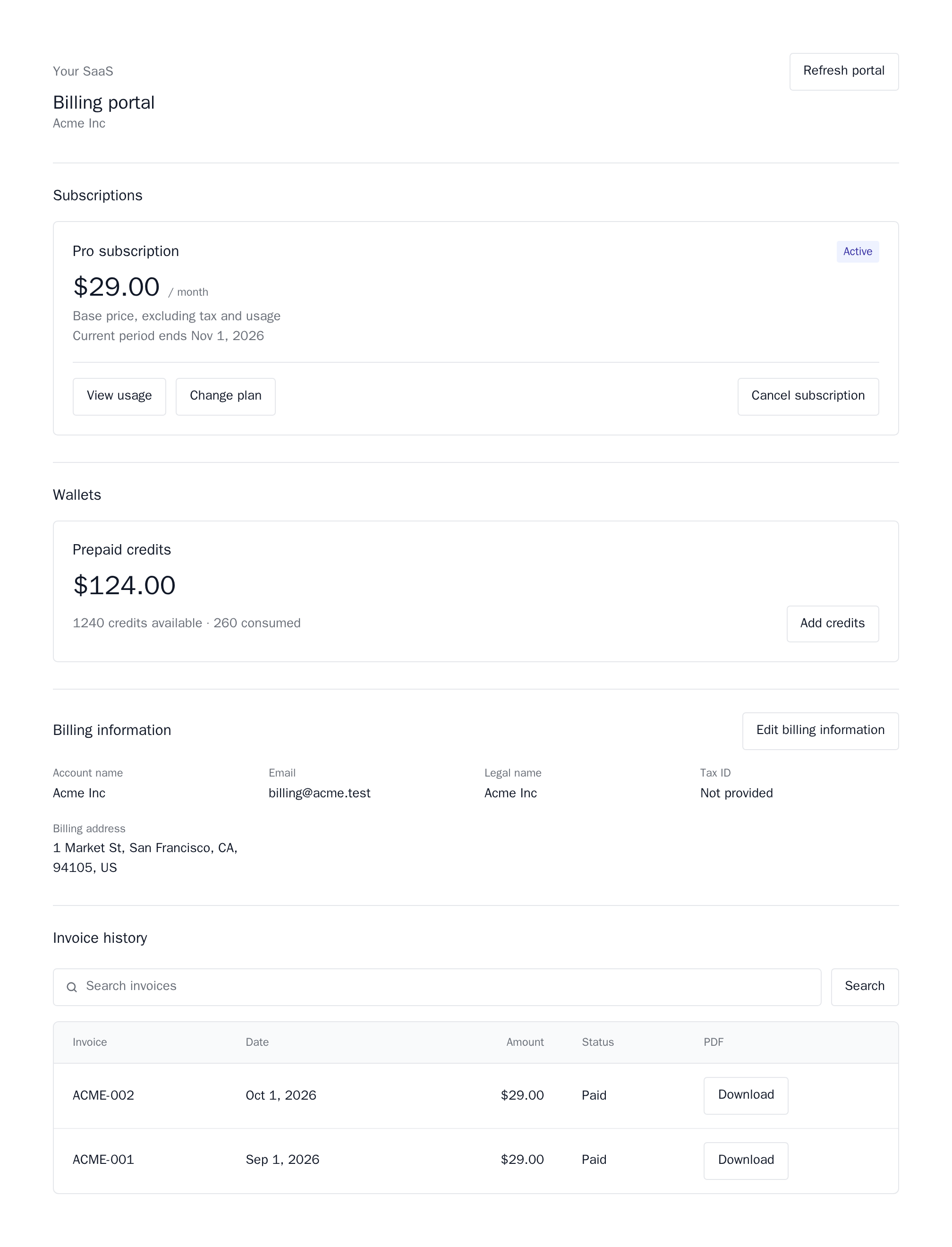 BillingPortal with a Pro subscription, a prepaid credits wallet, billing information and two paid invoices, minimal theme