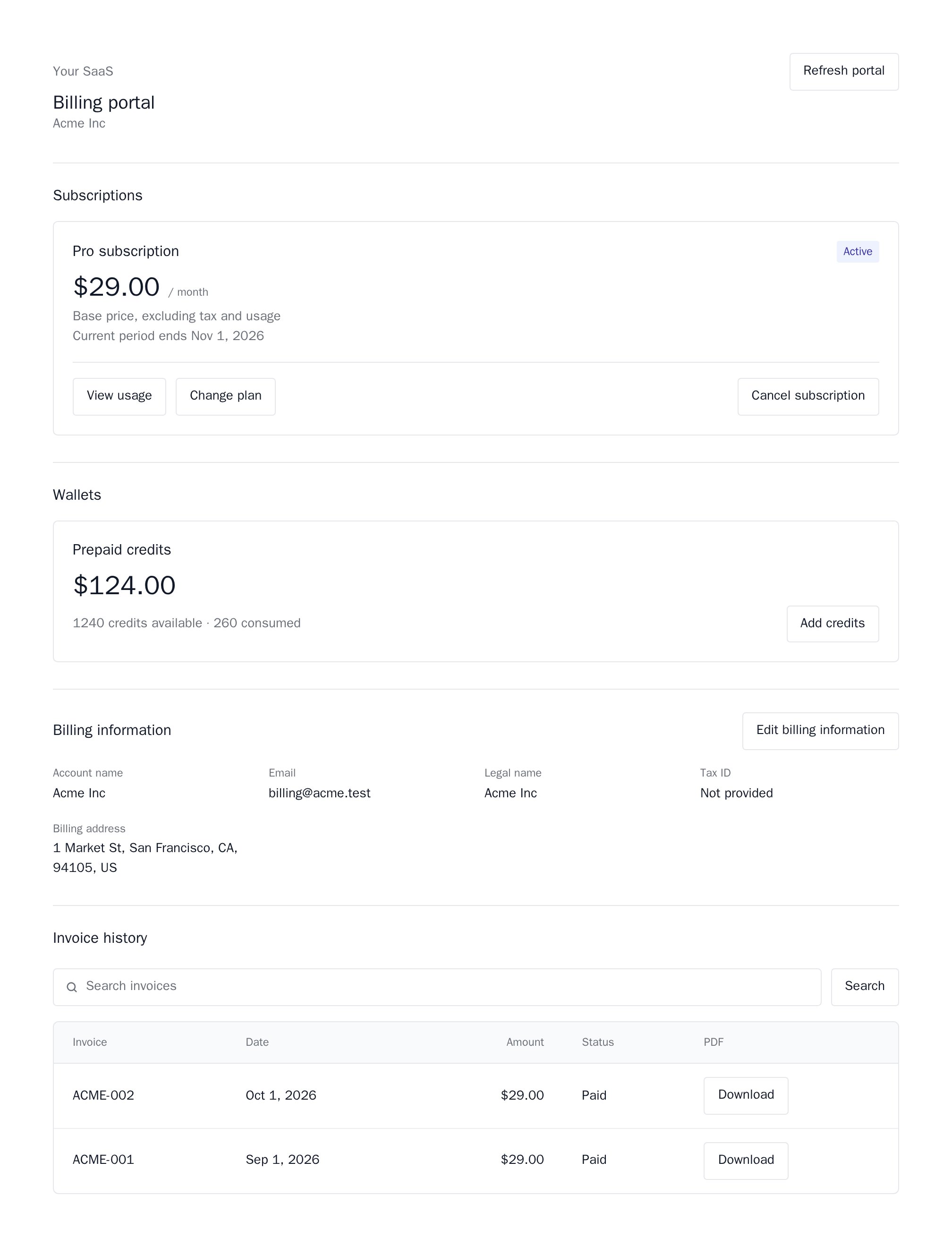 BillingPortal with a Pro subscription, a prepaid credits wallet, billing information and two paid invoices, minimal theme