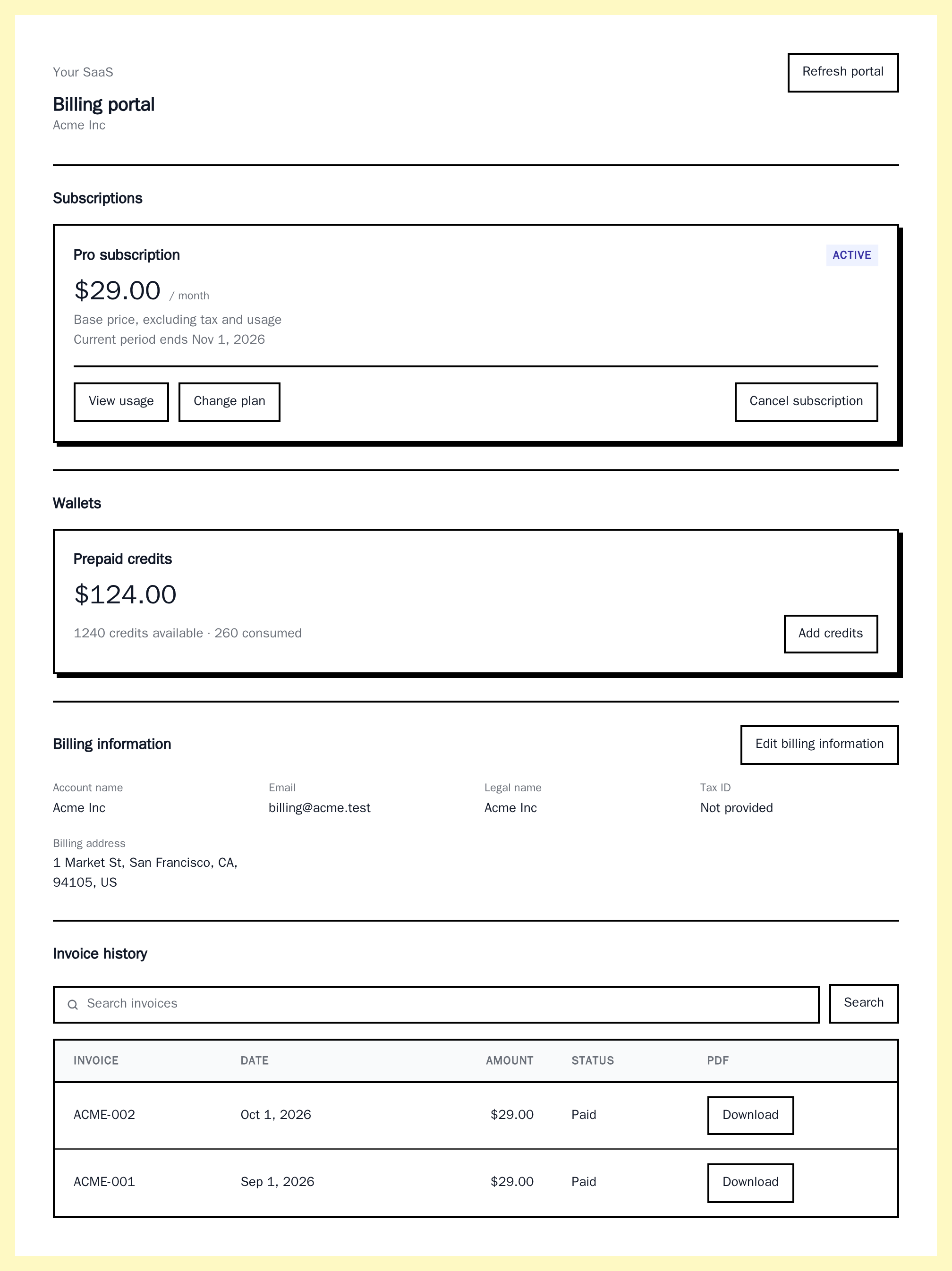 BillingPortal with a Pro subscription, a prepaid credits wallet, billing information and two paid invoices, neobrutal theme