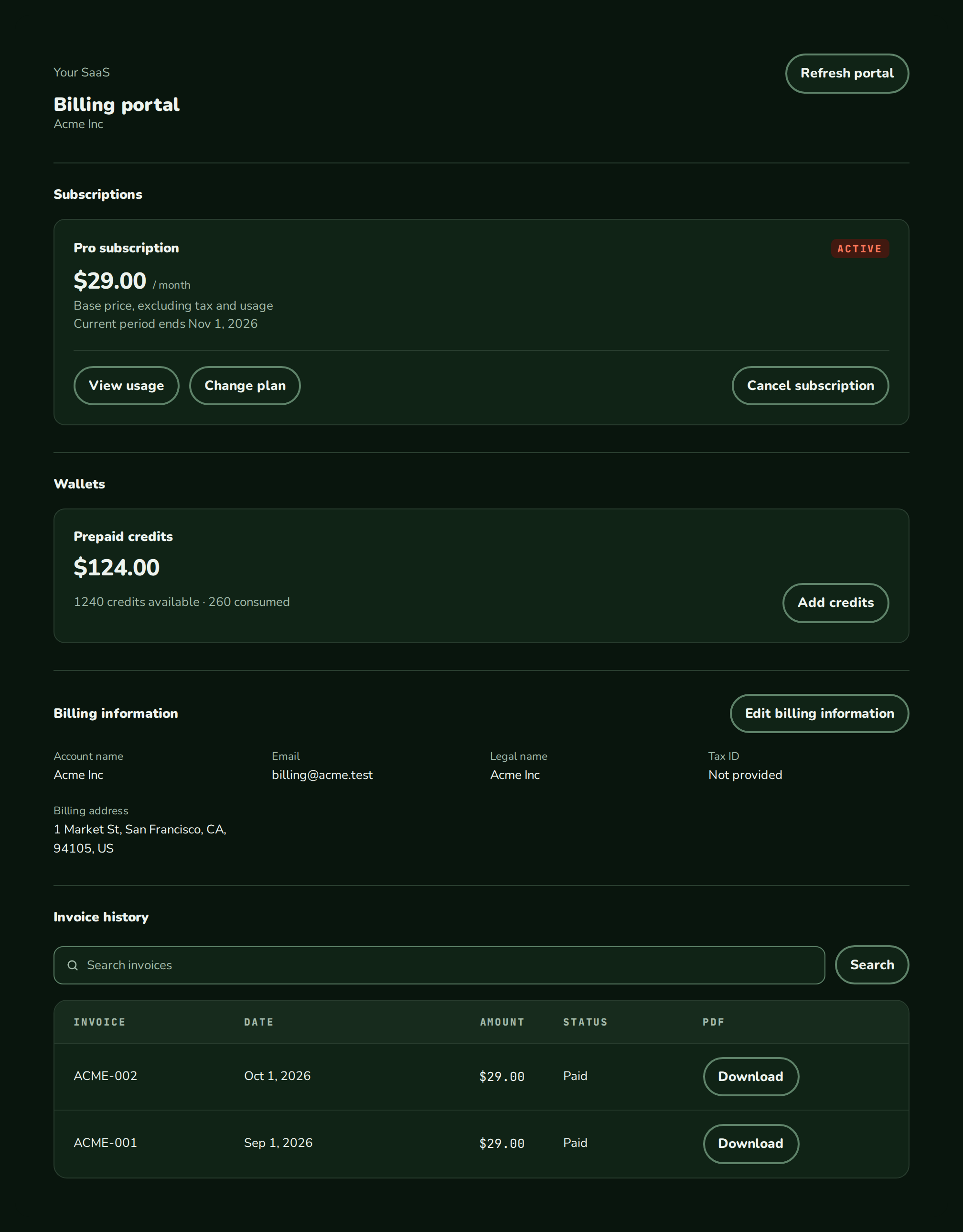 BillingPortal with a Pro subscription, a prepaid credits wallet, billing information and two paid invoices, nozleDark theme