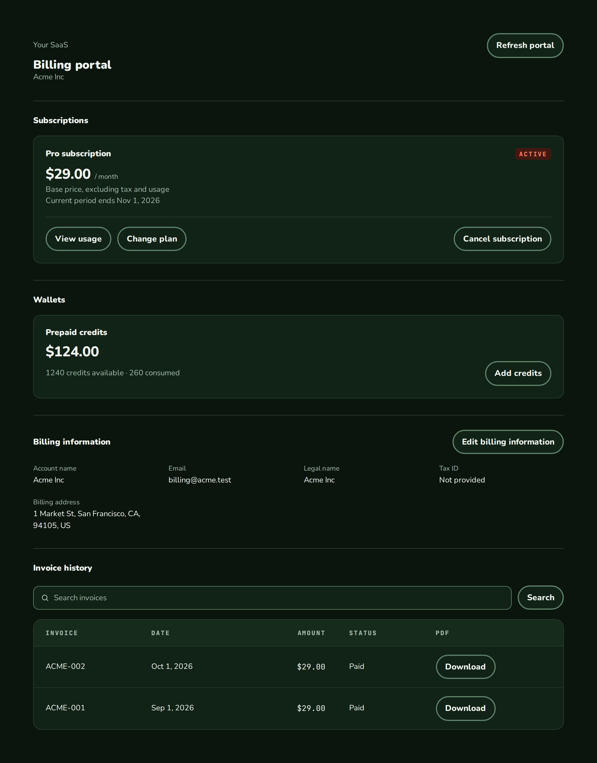 BillingPortal with a Pro subscription, a prepaid credits wallet, billing information and two paid invoices, nozleDark theme