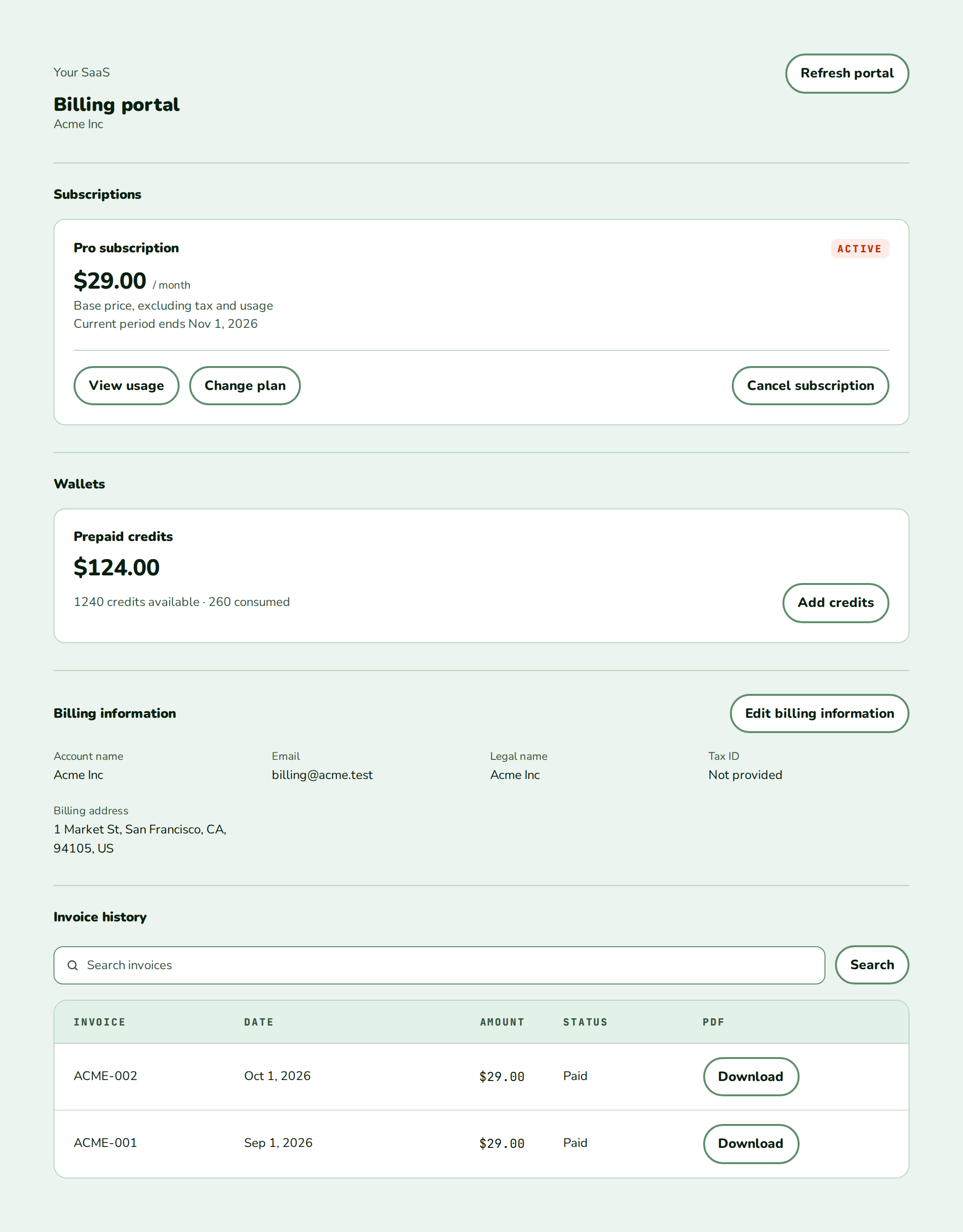 BillingPortal with a Pro subscription, a prepaid credits wallet, billing information and two paid invoices, nozle theme